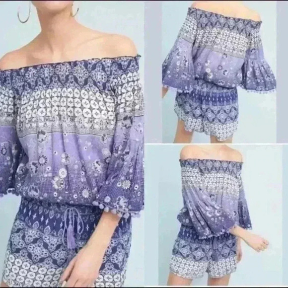 Anthropologie Raga Mazo Pommed Boho Blue Romper Women's Small - Picture 3 of 11